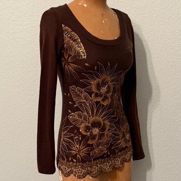 Viva You Top Womens Small Floral Print Baby Tee Shirt Vintage Y2K Sequins Glitte - Picture 5 of 7